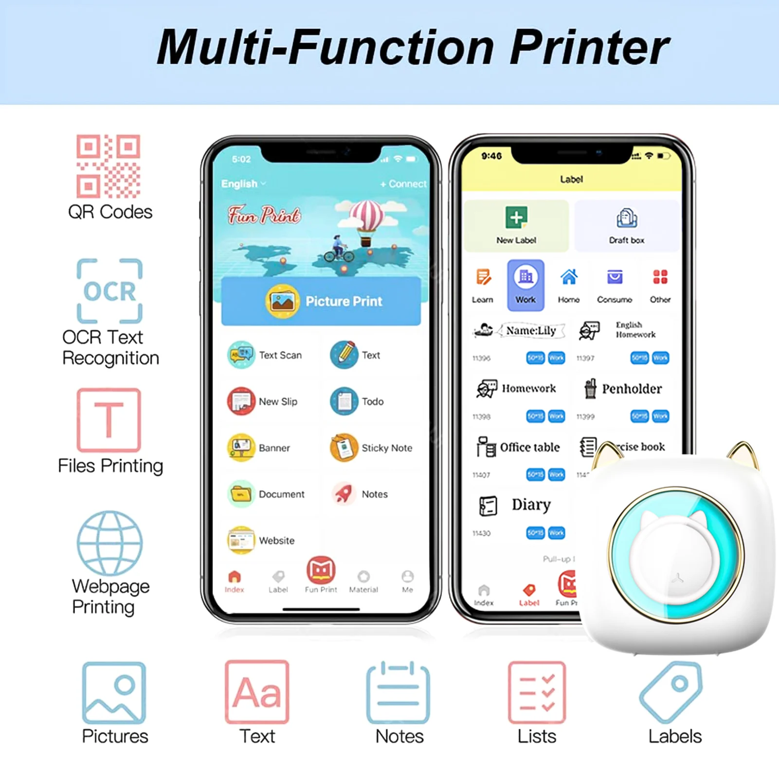 【New】C23 Portable Thermal Printer Machine Wireless Mini Pocket Printer BT Connection 203DPI for Kids Study Work Office