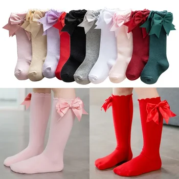 여아 봄 가을 귀여운 나비 무릎 높이 양말, 부드러운 단색, 스페인 스타일 로리타 양말, 긴 스타킹, 0-7 세