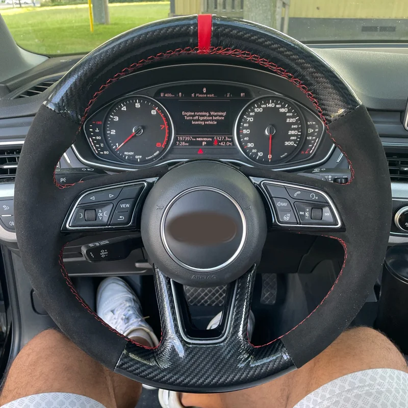 Black Suede Car Steering Wheel Cover Hand-Stitched Carbon Leather For Audi A3 2017-2019 A4 2017-2019 A5 2018-2019 S5 2018-2019