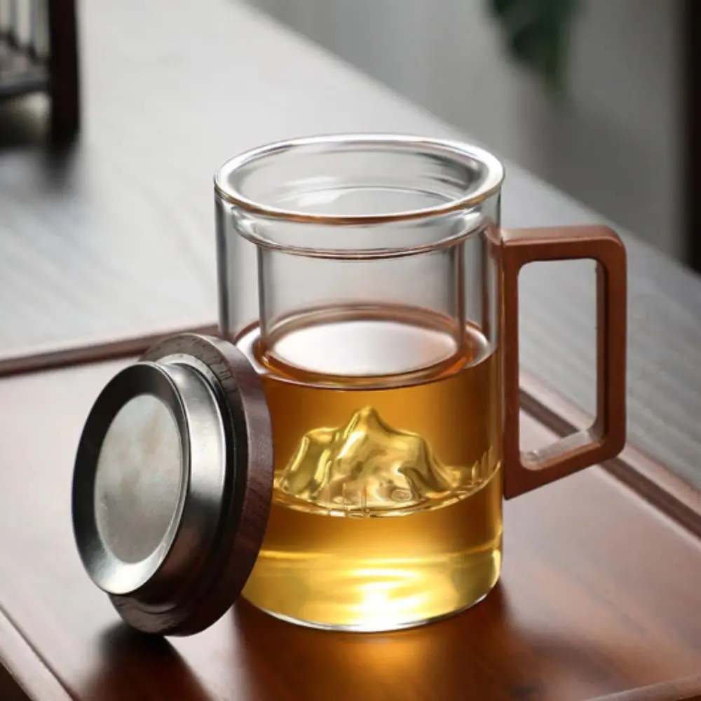500ml Capacity Tea Separation Cup High Borosilicate Glass Wooden Lid Water Cup Heat Resistant Originality Design Glass Tea Cup