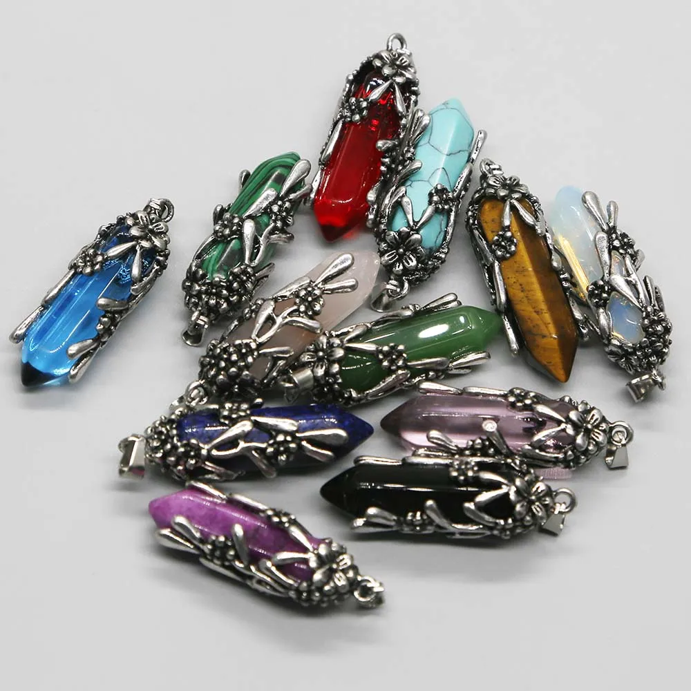 Natural Stone Double Pointed Hexagon Pillar Stainless Steel Flower Necklace Pendants Fashion Jewelry Accessories Wholesale 12Pcs