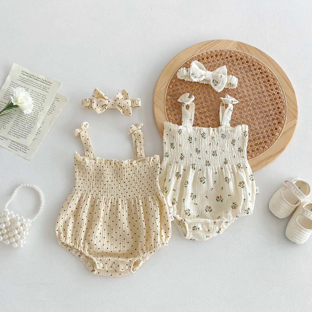 

2024 летняя детская одежда, модная детская одежда с цветочным принтом для новорожденных, хлопковый повседневный комбинезон без рукавов + повязка для волос