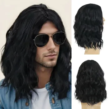 Parrucche sintetiche da uomo nere da 16 pollici con lunghezza alle spalle, capelli ricci ondulati, parrucche divertenti per uomo, parrucca rocker quotidiana per feste in costume di Halloween anni '80