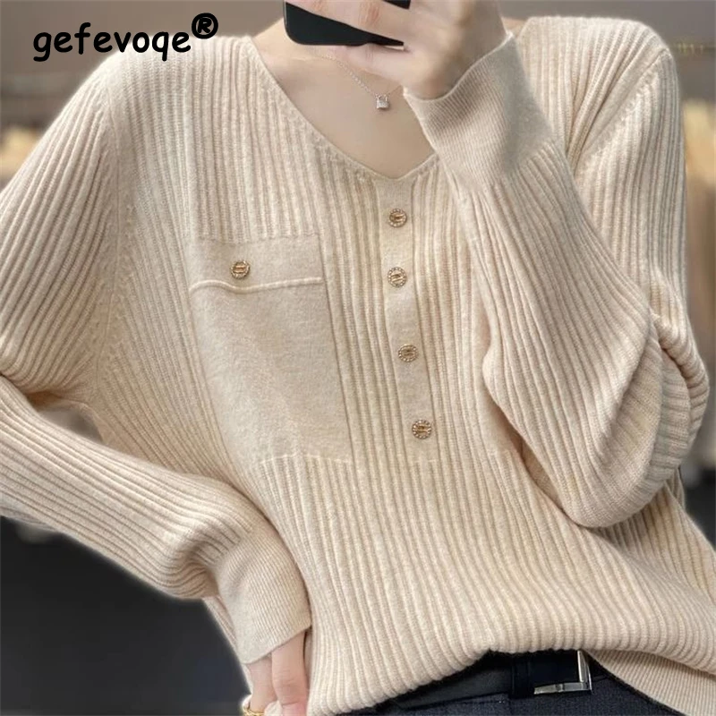 

Women Clothing 2023 Korean Style V Neck Long Sleeve Chic Elegant Knitted Sweater Female Casual Solid Loose Pullover Tops Jumpers