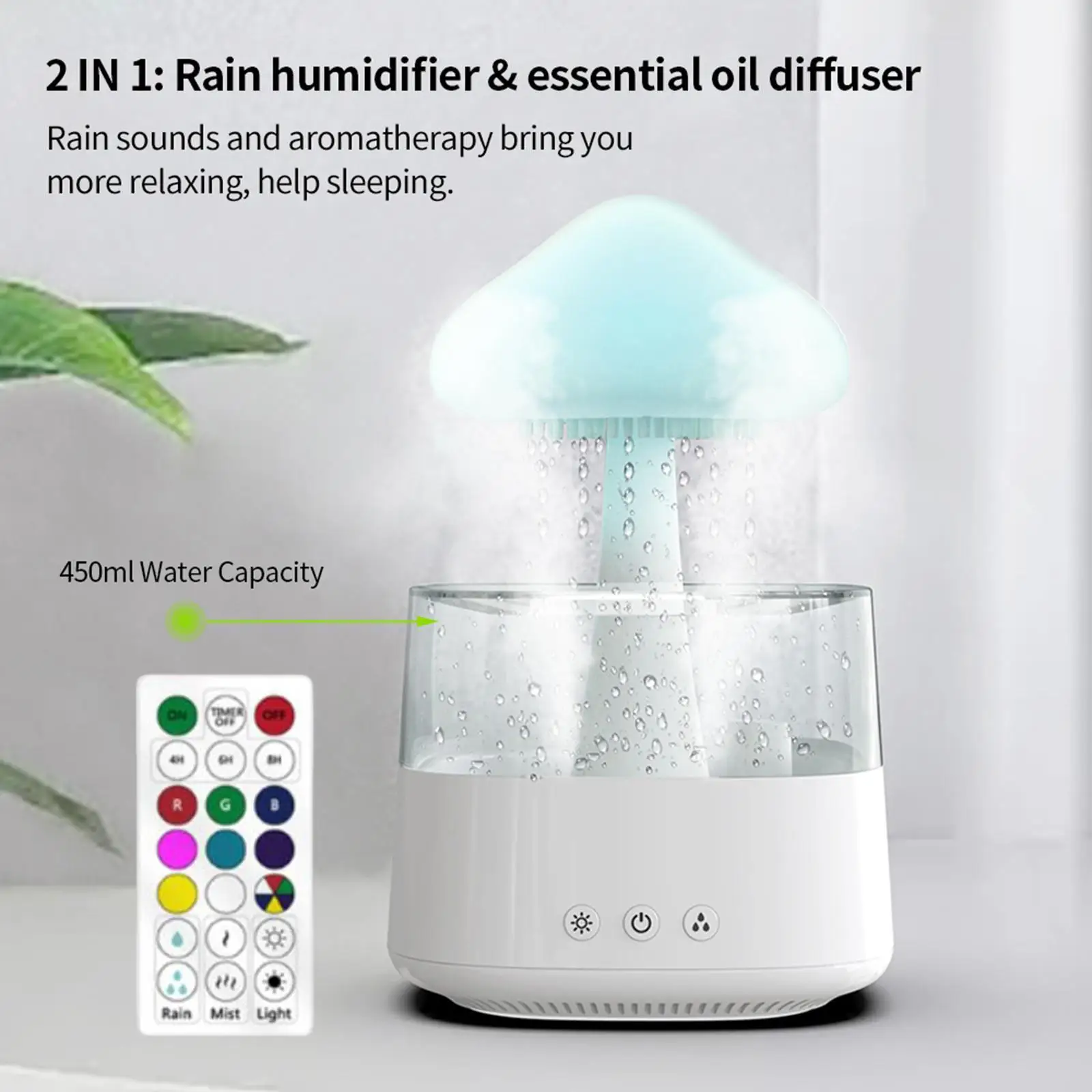 

Mushroom Rain Air Humidifier Electric Aroma Diffuser Rain Cloud Smell Distributor Relax Water Drops Sounds Colorful Night Lights