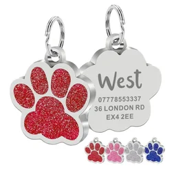 Personalized Glitter Paw Print Pet ID Tag - Engraved Waterproof Name Charm (Red1)