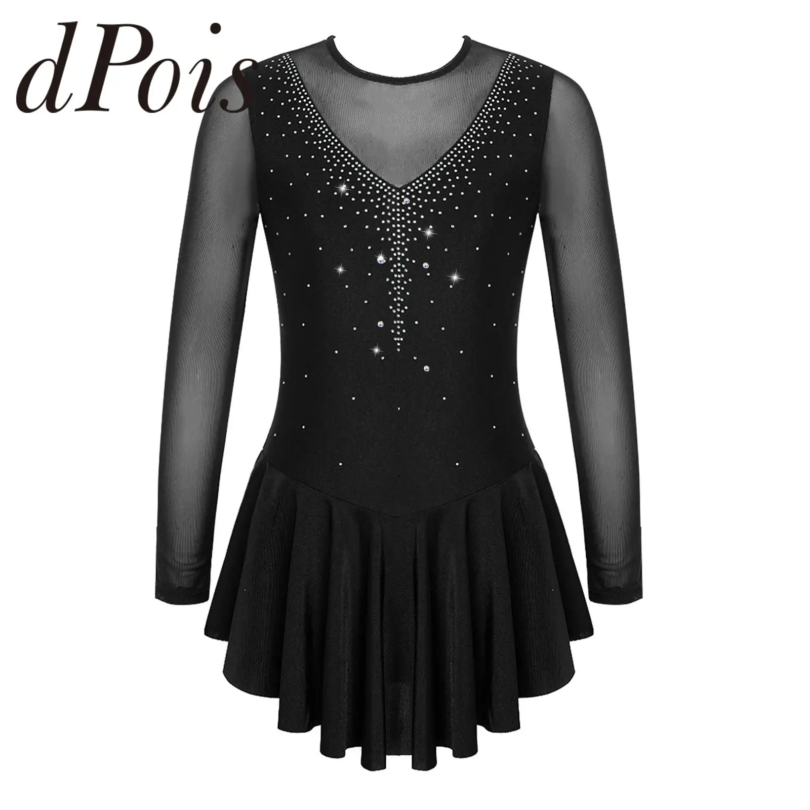 Girls Rhinestone Figure Skating Dress Seethrough Ballet Leotards