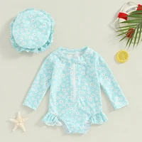 Toddler Girls Rash Guard Swimsuit Rompers Long Sleeve Floral Print Baby Ruffles Bathing Suit Swimwear with Swim Cap Outfit 2
