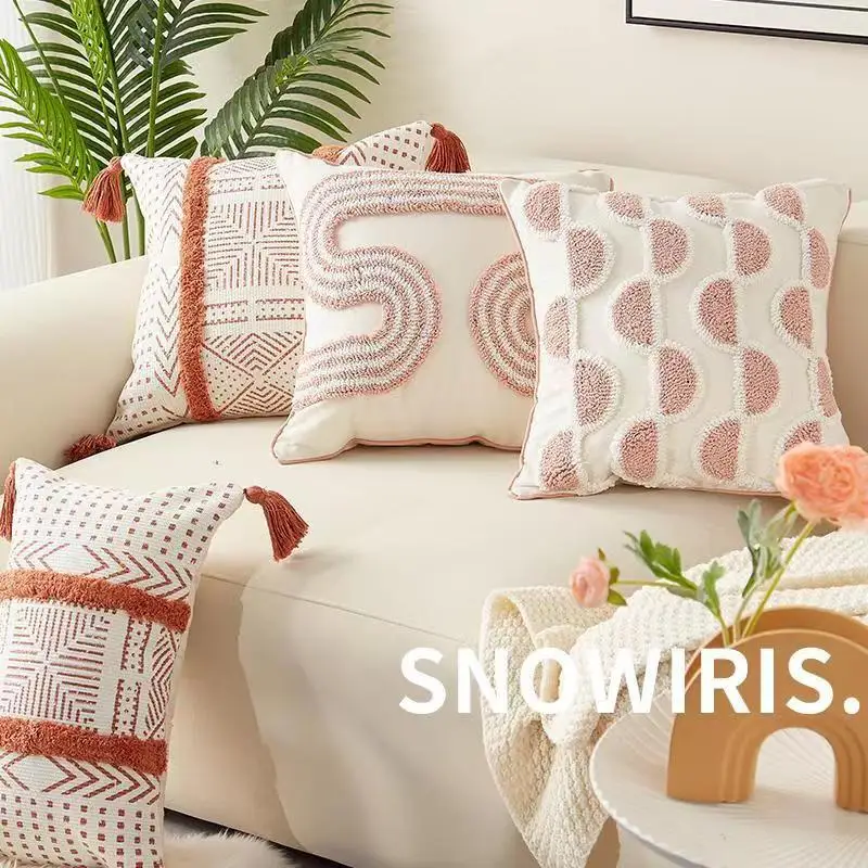 

Pink Tufted Cushion Cover Geometric Printed Embroidered Loop Tuft Throw Pillow Covers Cojines Decorativos Para Sofá Home