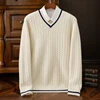 2024 Autumn/Winter New Thickened Pure Cashmere Sweater Men's V-neck Jacquard Knitted Top Warm Fashion Leisure Youth Pullover 2