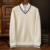 2024 Autumn/Winter New Thickened Pure Cashmere Sweater Men's V-neck Jacquard Knitted Top Warm Fashion Leisure Youth Pullover 2