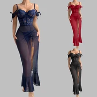 Ladies V Neck Sleepwear Set with Spaghetti Straps Lace Up Front and Sheer Mesh Fabric with Slit Includes Nightdress and Panties - Image 6