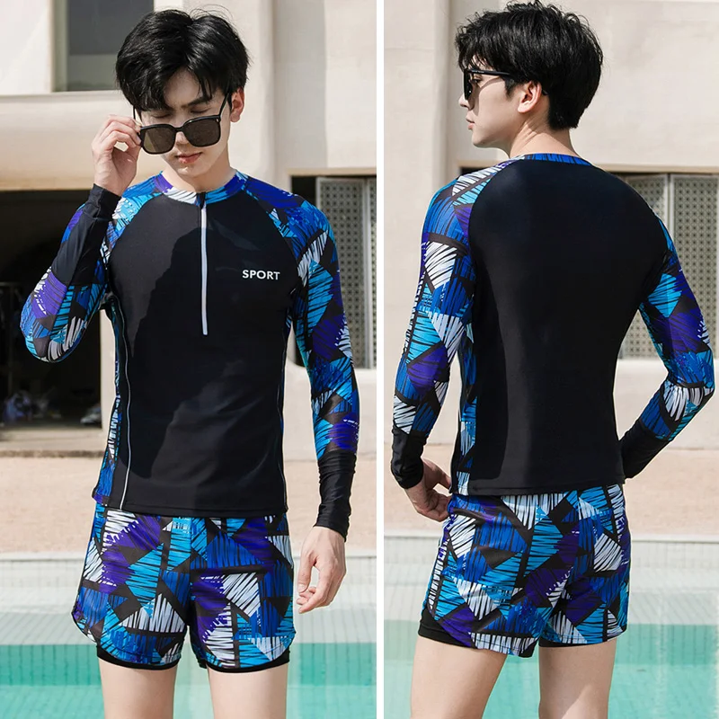 Men's 2pcs/set Long Sleeve Rash Guard Sun UV Protect Fishing Running Swim Shirts+Trunks Lightweight Quick Dry Swimsuit Beachwear