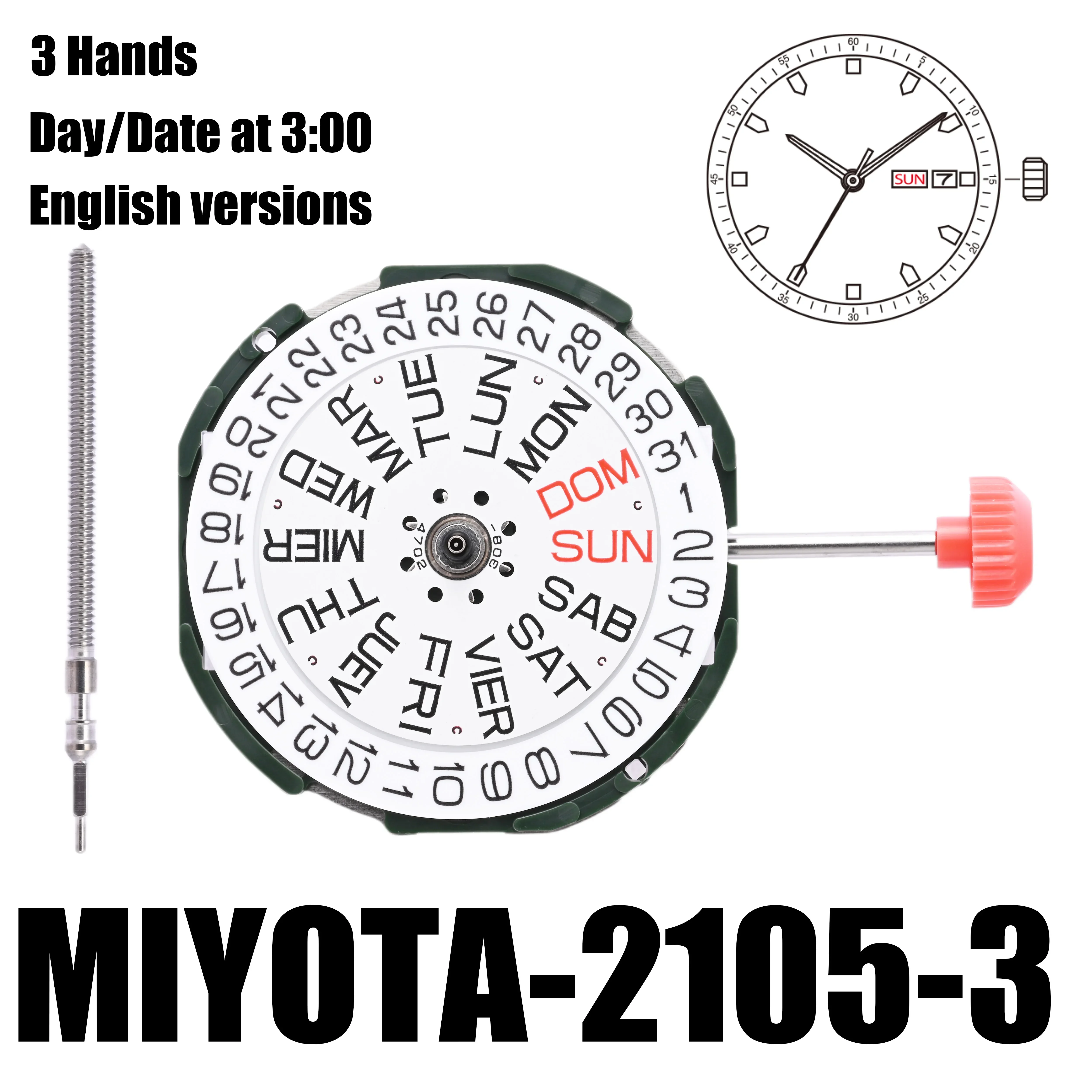 

Miyota 2105 Standard｜Movements 2105 English Versions Cal.2105 3 Hands Day/Date At 3:00.Size:10 1/2''' Heigh:4.15mm