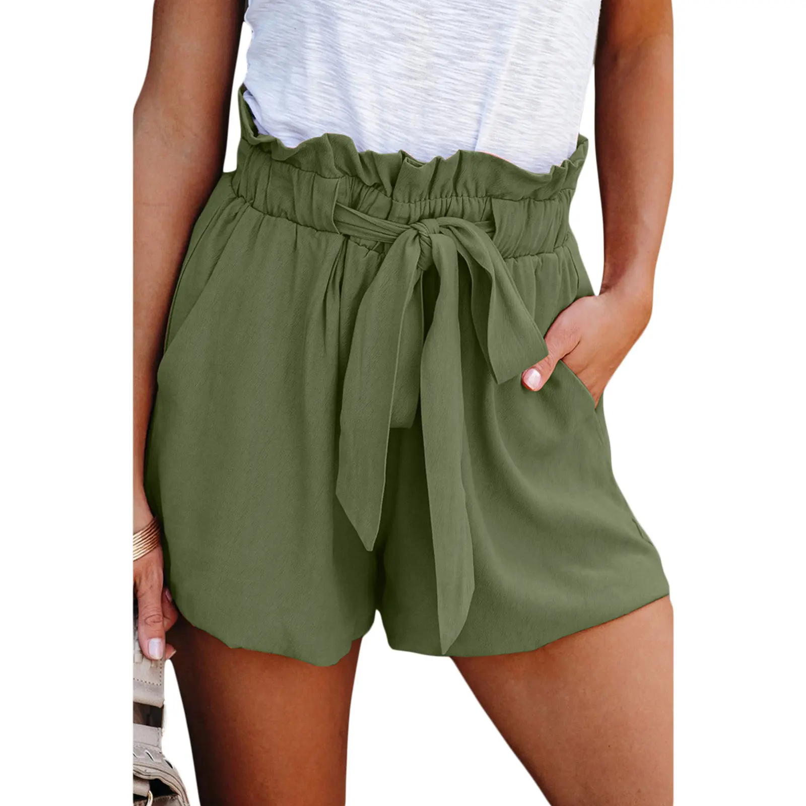 Women Elastic Waist Paperbag Shorts Summer Plain Casual Baggy Short Pants