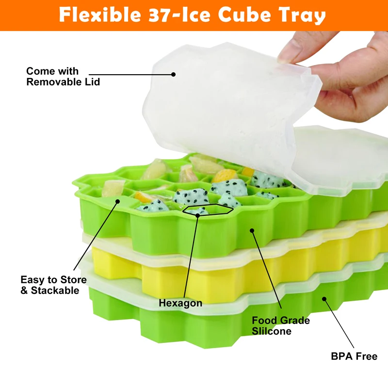 37 Cavity Honeycomb Ice Cube Trays Reusable Silicone Ice Cube Mold BPA Free Maker with Removable Lids