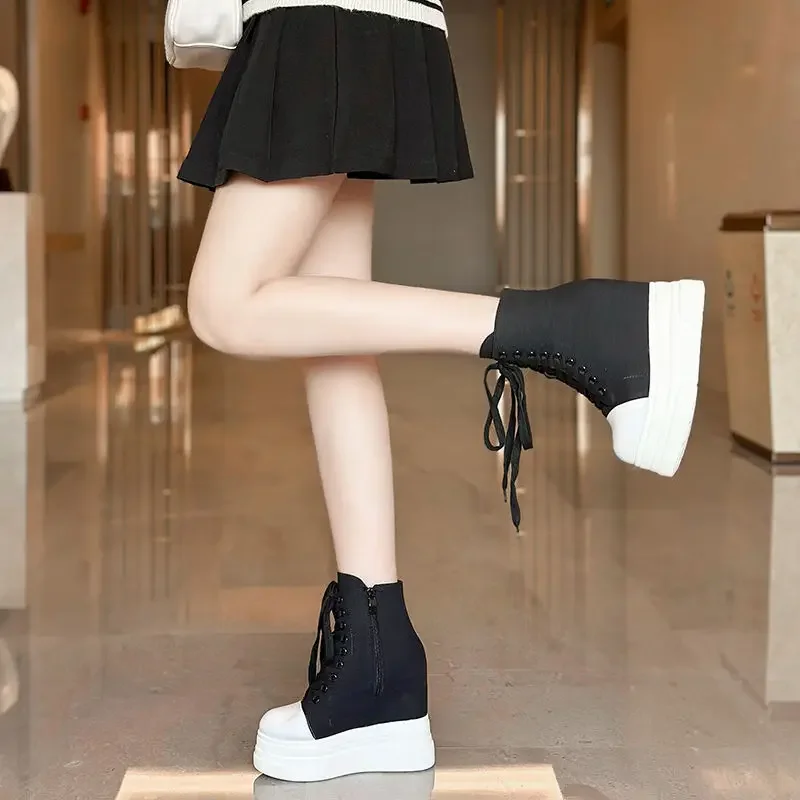 

Krasovki 14cm Denim Women Ankle Boots Fashion Zip Super Hight Heel Platform Wedge Women Fashion Lace Up Spring Autumn Shoes