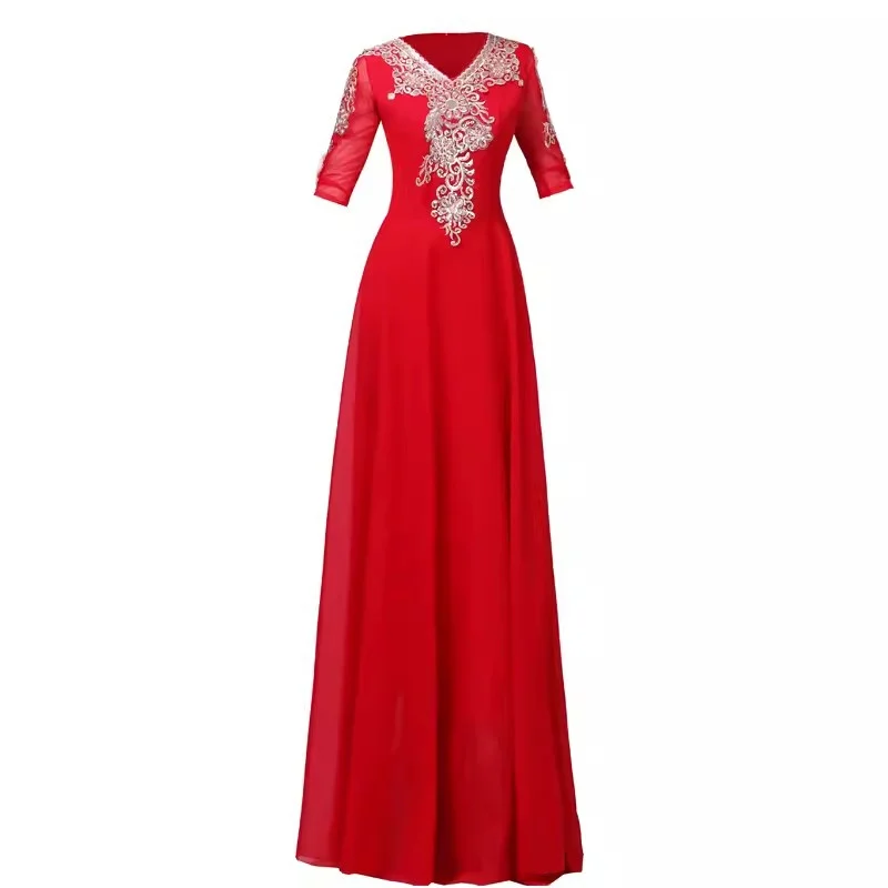Embroidery Dress Female adult college choir conductor long Dress Solo Dress Middle-Aged and Elderly Female Clothing Dresses Red