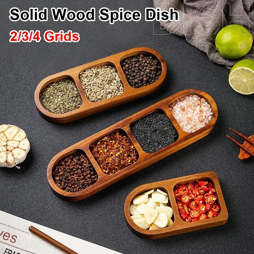 1Pcs New 2/3/4 Grids Solid Wood Tray Wooden Retro Seasoning Tray Food Plate Kitchen Dinner Spice Dish