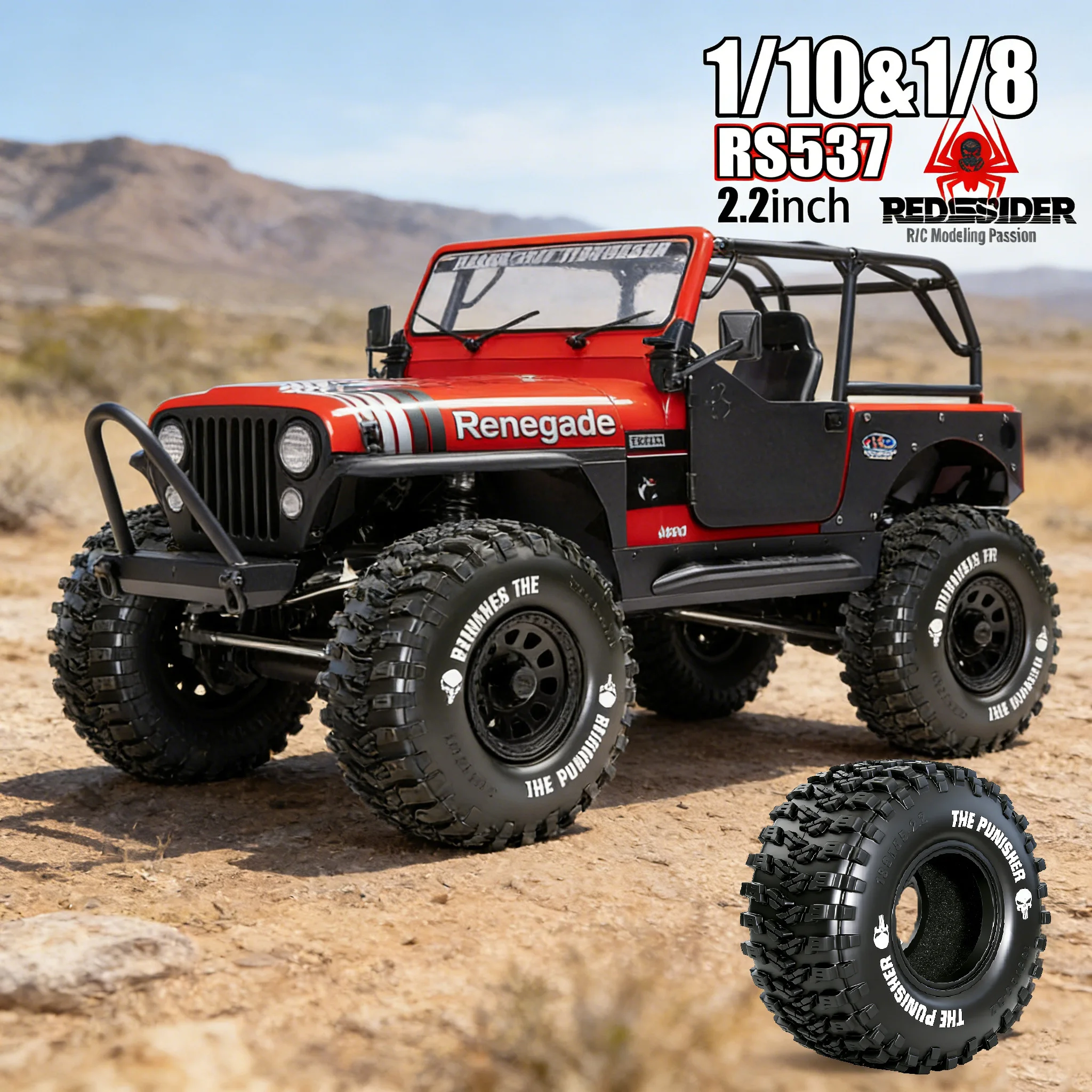 Quatre pneus Crawler RC 2.2 OD 5.3'' disposés en croix, prêts pour l'installation sur camion 1:10 1:8