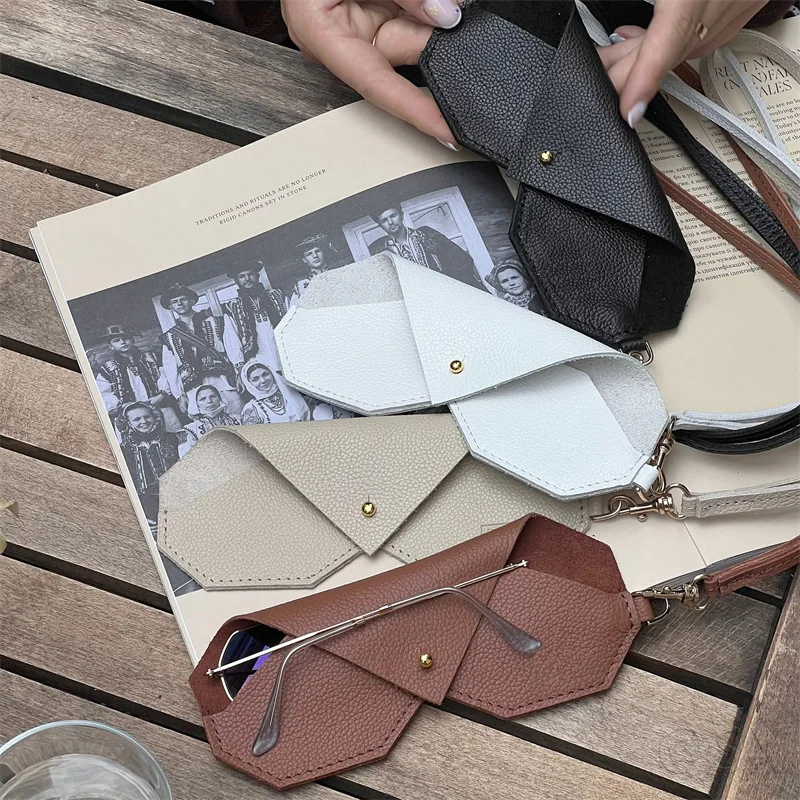 Pu Leather Sunglasses Storage Bag Solid Color Eyewear Bag With Lanyard Sunglasses Pouch Portable Hanging Sunglasses