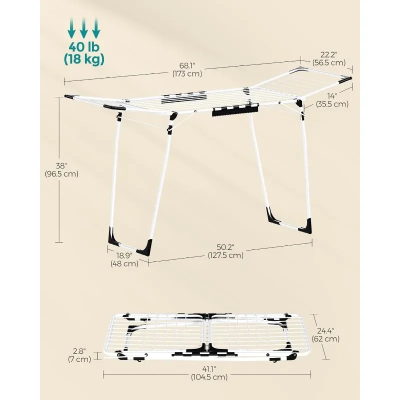 Clothes Drying Rack Foldable, Gullwing Laundry Drying Rack, Space-Saving, 22.2 x 68.1 x 38 Inches, Sock Clips, Metal Structure 6