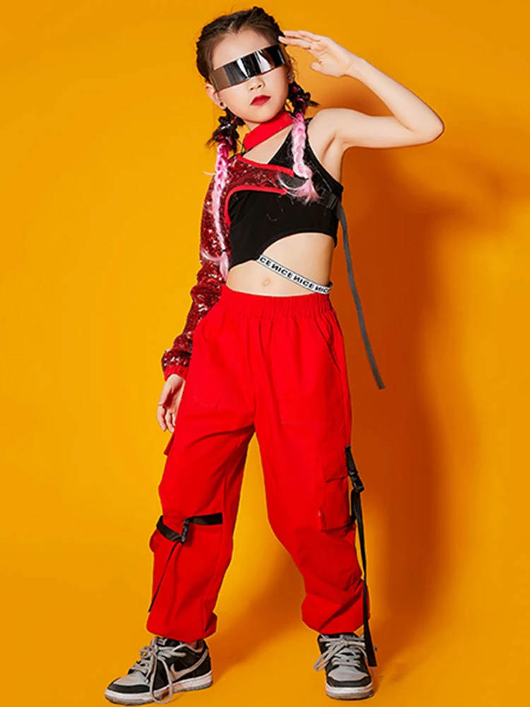 Jazz Costume Girls Hip Hop Dance Clothes Cool Sequin Tops Overalls Pants Red Stage Performance Outfit For Kids Wear BL5891