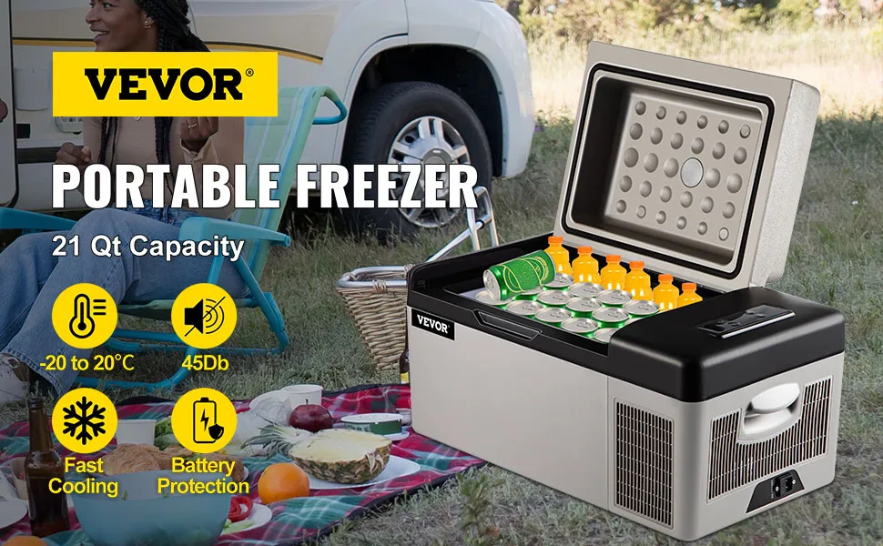 VEVOR portable refrigerator with 21 qt capacity for camping.