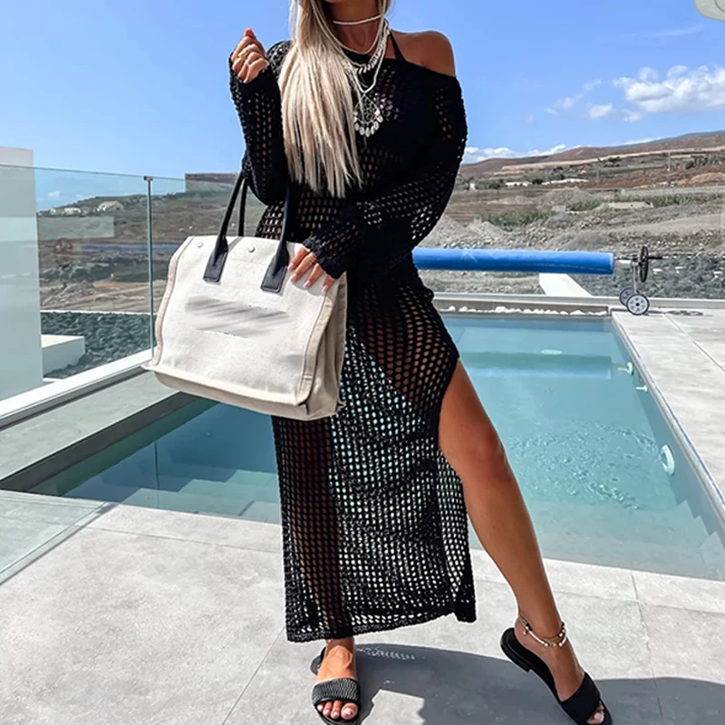 

Women Autumn New Solid Color Beach Long Dress Female Holiday Seaside Robe Cover Up Fashion Hollow Out Mesh Slit Sexy Maxi Dress
