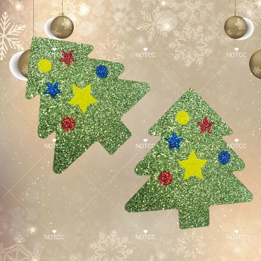 

NOTCC 10 Pairs Green Glitter Christmas Tree Breast Pasties Disposable Body Decoration Chest Stickers Nipple Covers for Women