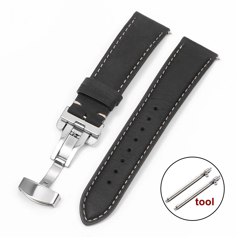 Vintage Cowhide Leather Watch Strap with Butterfly Buckle and Quick Release