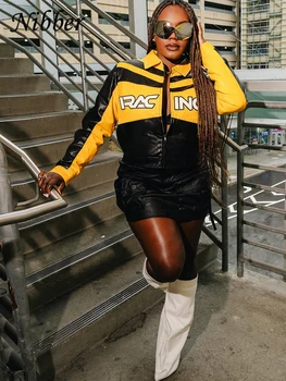 Nibber Patchwork Giacca corta in ecopelle Donna Lettera Ricamo Risvolto Zip Manica intera Tendenza autunnale Cool Streetwear Cappotto a vita bassa 1