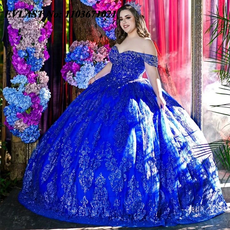 

EVLAST Shiny Royal Blue Quinceanera Dress Ball Gown Bling Lace Applique Beading Mexican Sweet 16 Vestidos De XV 15 Anos SQ127