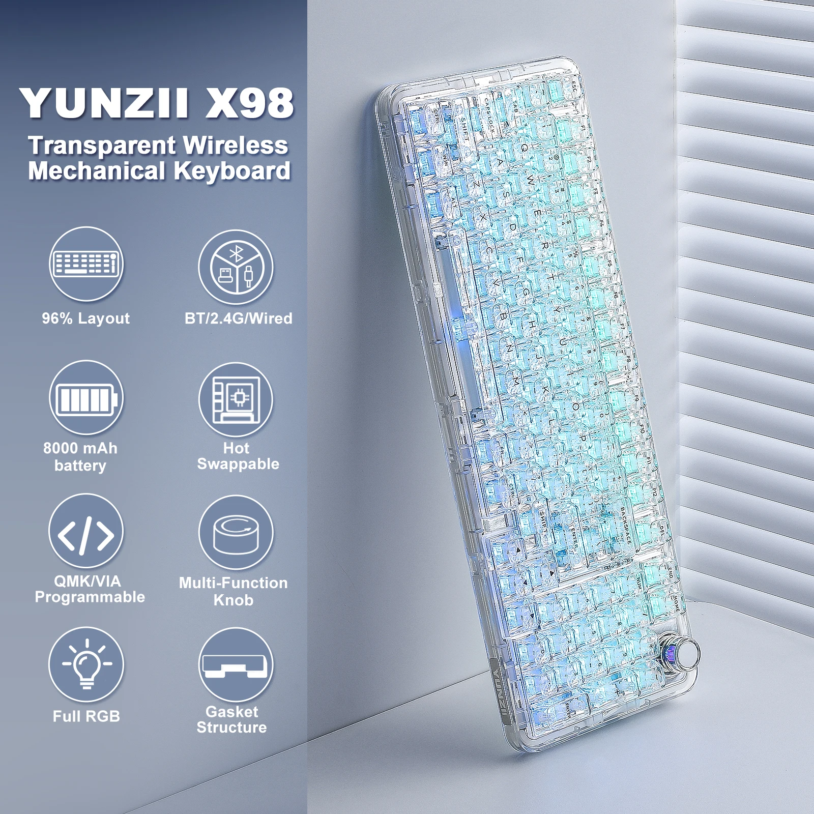 YUNZII X98 ホワイト透明メカニカルゲーミングキーボード