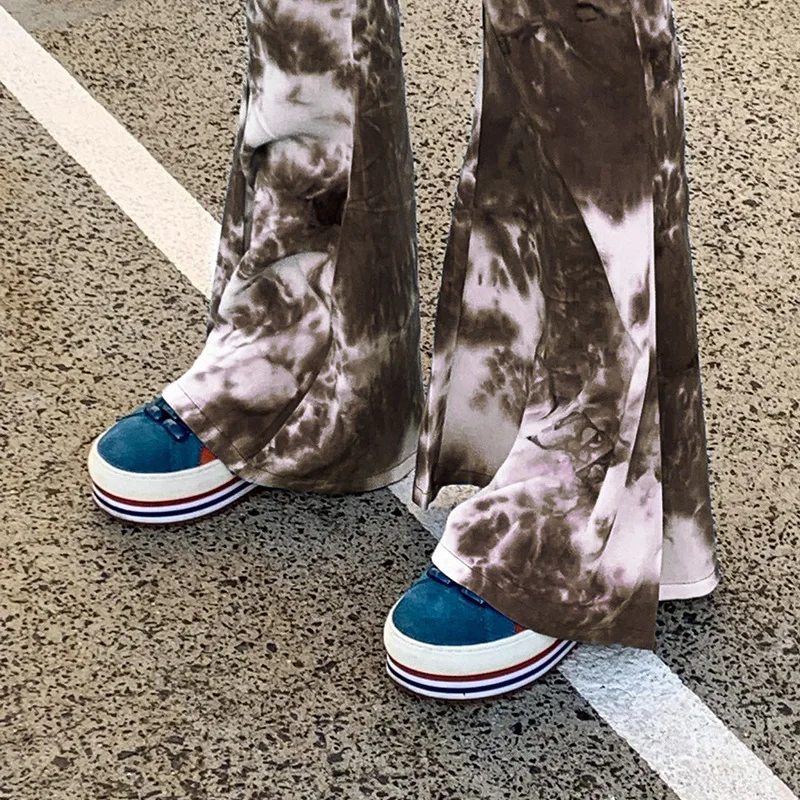 Women Elastic Drawstring High Waist Wide Hem Pants 2024 Bell-Bottom Stylish Tie-Dye Flare Loose Trousers for Female Streetwear