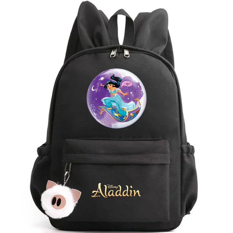 Aladdin Jasmine princess-themed backpack with rabbit ears for kids and teens, ideal for school and travel.