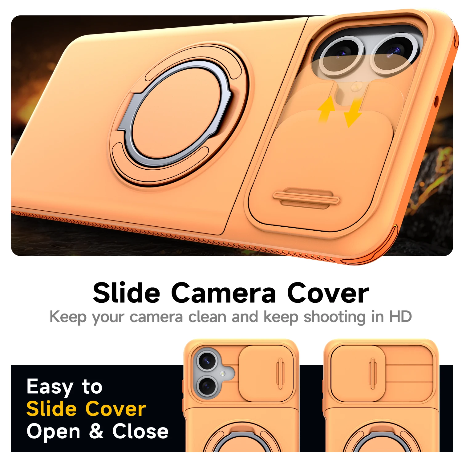 Enhanced Armor Cover with Slide Lens Protector and Card Ring Holder