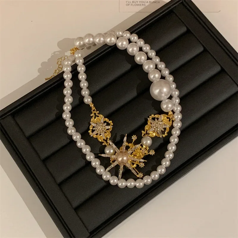 Imitation Pearl Women's Long Double Layer Necklace Set with Colored Diamonds Sparkling Clavicle Chain For Women Fashion Jewelry