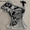 Summer T Shirts for Women Skew Neck Off Shoulder Camisetas Bandage Tunic Butterfly Tees Y2k Tops Casual Fashion Sexy Tshirt