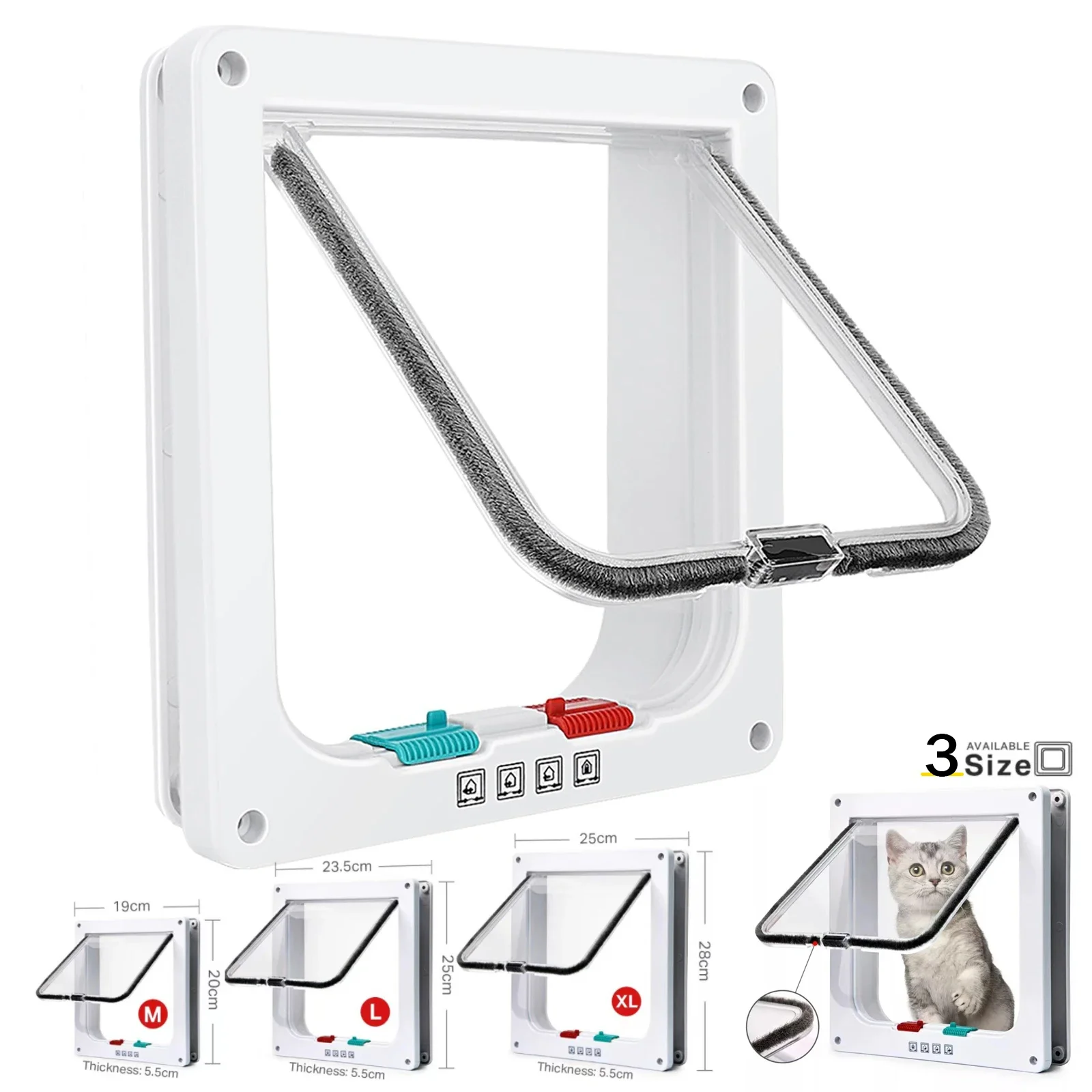 Cat door Cat Flap Door Magnetic with 4 Way Lock for Cats Controllable ABS Plastic Gate Puppy Kitten Safety in&out Pet Doors Kit