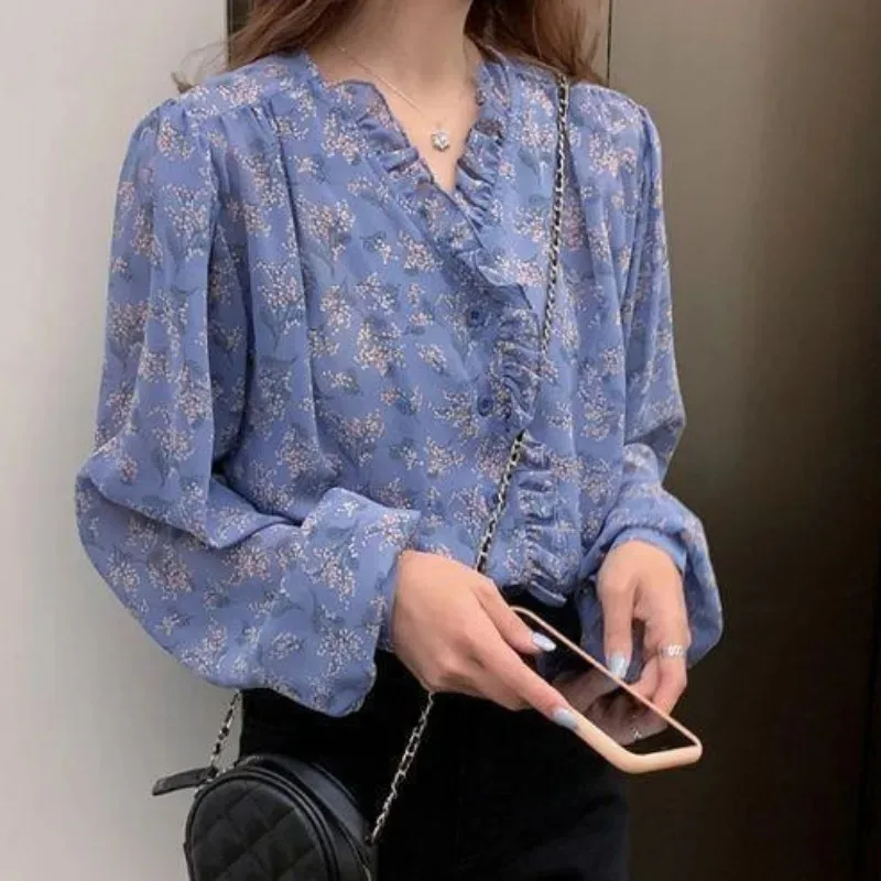 Sweet Chiffon Blouse for Women Puff Sleeve Korea Women Tops and Blouses Cardigan Floral Print Shirts Spring Summer 10314