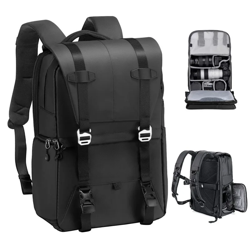Sac à dos photo Oxford étanche grande capacité pour appareil photo drone et ordinateur 15.6 pouces, compartiment ouvert montrant l'intérieur rembourré.
