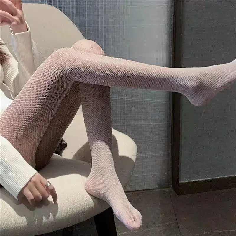 Black Fishnet Stockings with Diamond for Women, Sexy Tights, Anti-Hook Pantyhose, Ins Style, Autumn and Spring