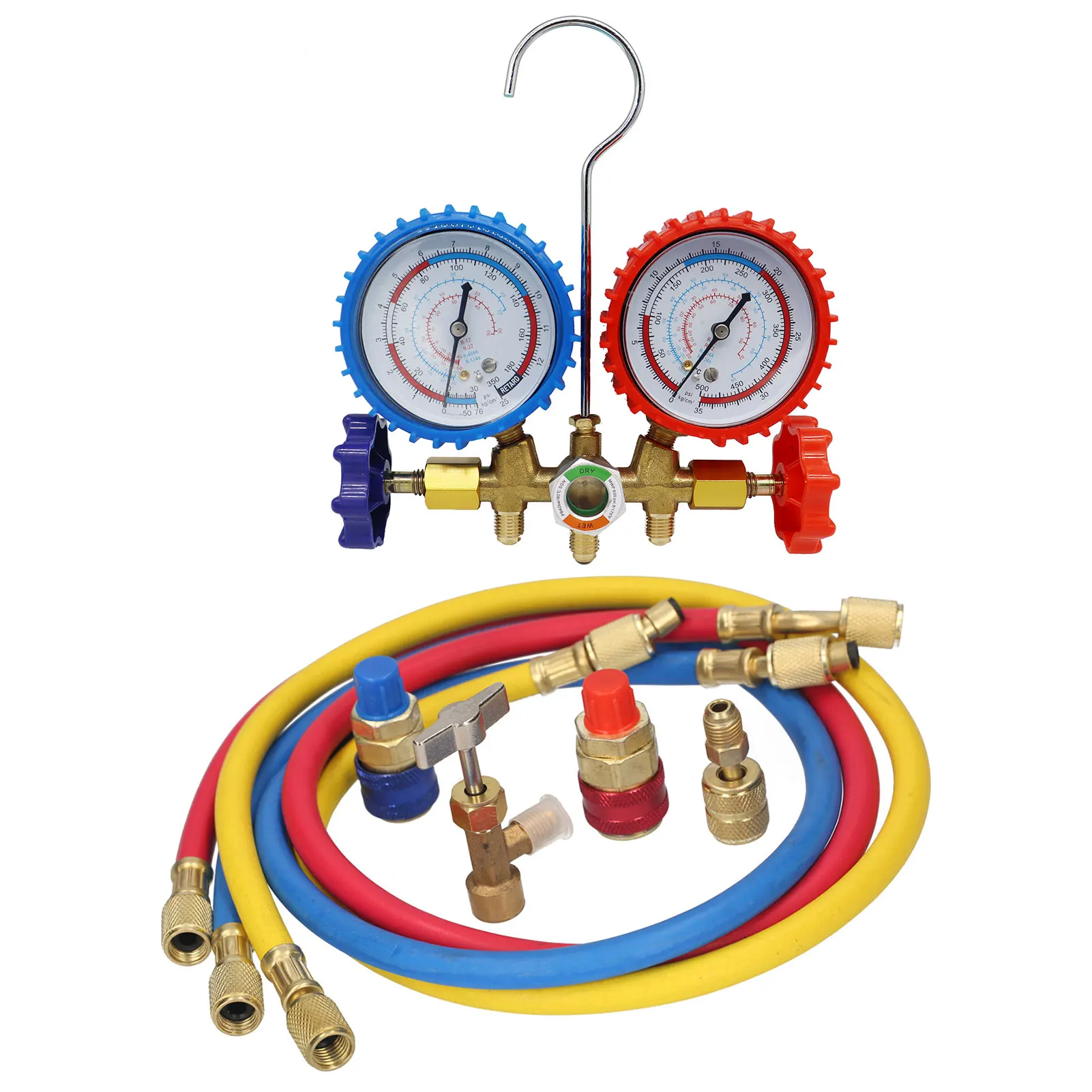 3 Way AC Manifold Gauge Set with Hoses Couplers & Adapter Refrigerant