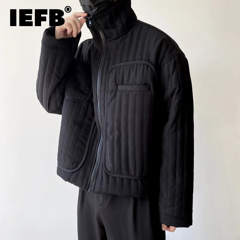 

IEFB Winter Dark Style Stand Collar Men's Short Cotton Padded Clothes 2023 New Male Simple Solid Color Unique Pocket Coat 9A6137