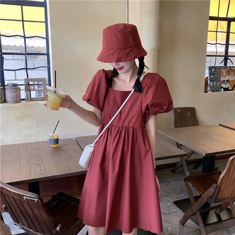 

Dress Women Short Sleeve Burgundy Vintage A-Line Chic Square Collar Girls Empire Dresses Popular Summer Leisure Ladies Vestidos