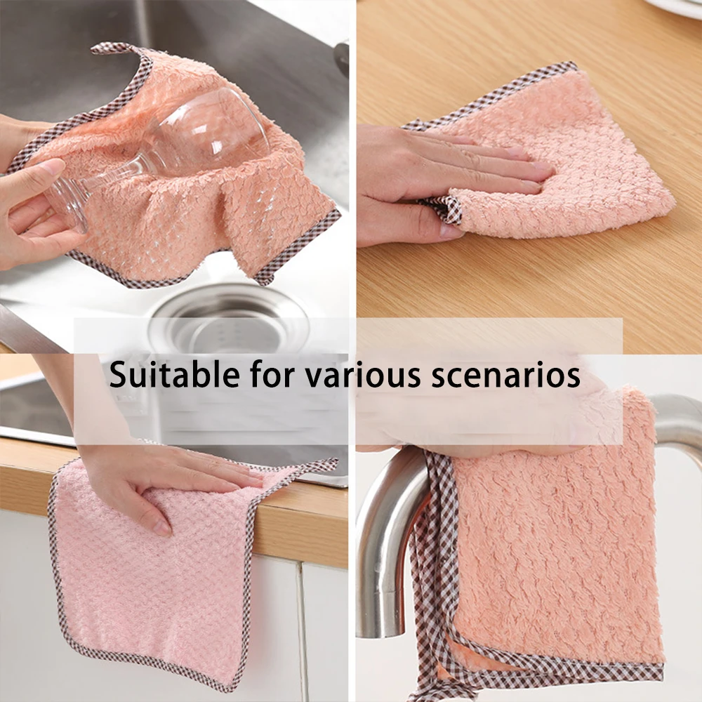 5pcs Kitchen Coral Fleece Cleaning Rags, Non-stick Oil Dishwashing Towels  With Hanging Loop