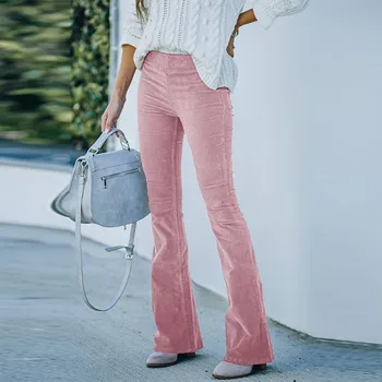 Women's solid color slim fit bell bottom pants elastic waist casual pants women's fashion thickened corduroy bell bottom pants 1