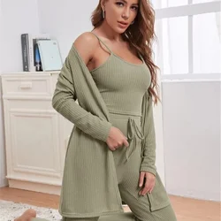 Trouser Suits Women Knitted Pajamas Three Piece Sets Sleepwear Cardigan Robe and Pants Casual Autumn 2021 New Women's Suit