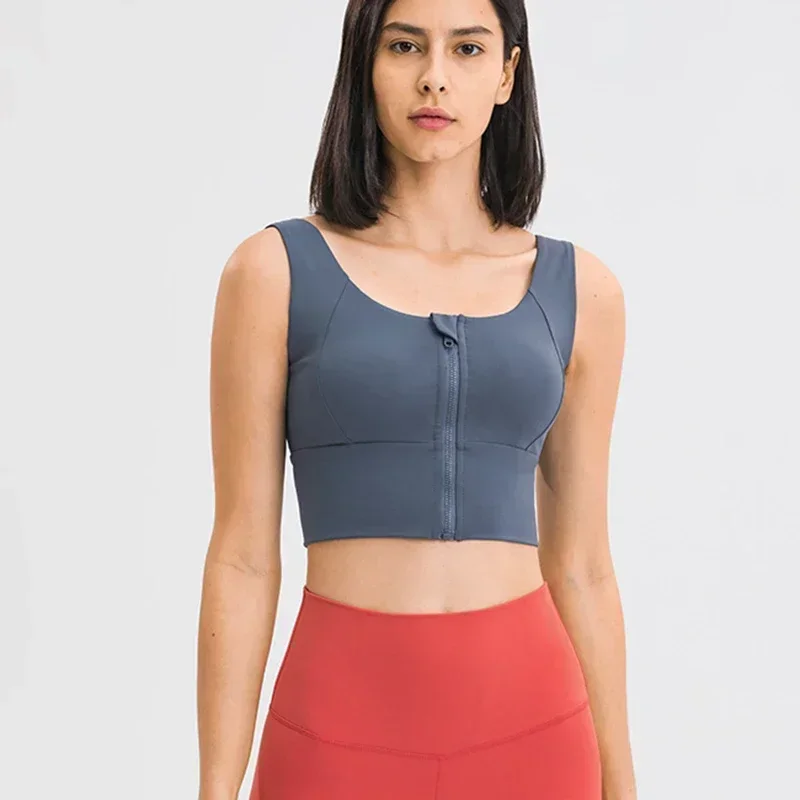 

Logo Women's Sports underwear With Chest Pad Shock-proof Running Fitness Training Front Zipper Bra Lulu Yoga Wear Sports Bra